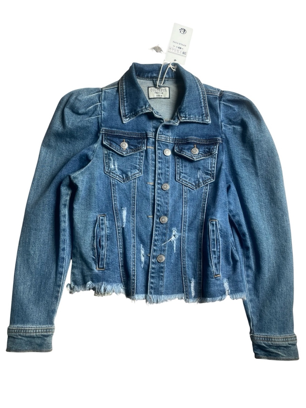 NWT Colorful Premium Denim Jacket Puff Sleeves Size M